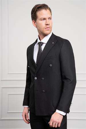 Morven Erkek Siyah Trend Kruvaze Slim Fit Dar Kesim Sivri Yaka Takım Elbise