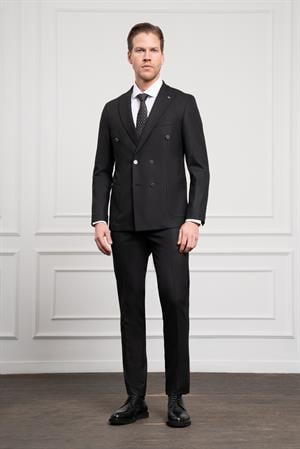 Morven Erkek Siyah Trend Kruvaze Slim Fit Dar Kesim Sivri Yaka Takım Elbise