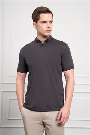 Morven Erkek Siyah Trend Merserize Düz Düğmeli Yaka Dynamic Fit T-Shirt