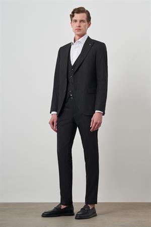 Morven Erkek Siyah Trend Yelekli Slim Fit  Sivri Yaka Takım Elbise