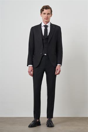Morven Erkek Siyah Trend Yelekli Slim Fit  Sivri Yaka Takım Elbise