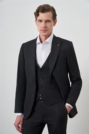 Morven Erkek Siyah Trend Yelekli Slim Fit  Sivri Yaka Takım Elbise