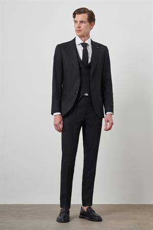 Morven Erkek Siyah Trend Yelekli Slim Fit  Sivri Yaka Takım Elbise