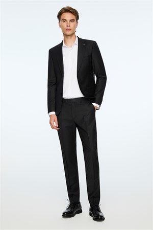 Morven Erkek Siyah Yün Platinium Düz Slim Fit Mono Yaka Takım Elbise
