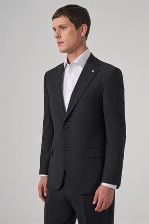 Morven Erkek Siyah Yün Trend Çizgili Dynamic Fit Mono Yaka Takım Elbise