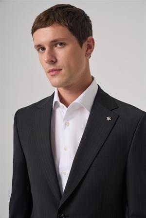 Morven Erkek Siyah Yün Trend Çizgili Dynamic Fit Mono Yaka Takım Elbise