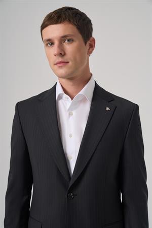 Morven Erkek Siyah Yün Trend Çizgili Dynamic Fit Mono Yaka Takım Elbise