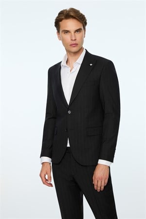 Morven Erkek Siyah Yün Trend Çizgili Slim Fit Sivri Yaka Takım Elbise