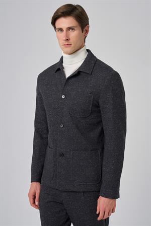 Morven Erkek Siyah Yünlü Berberi Yaka Torba Cepli Gömlek