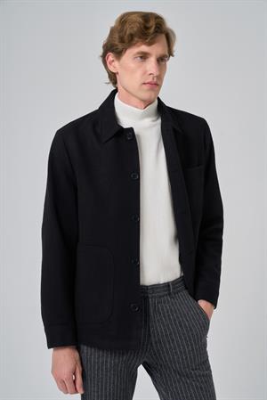 Morven Erkek Siyah Yünlü Berberi Yaka Gömlek Ceket