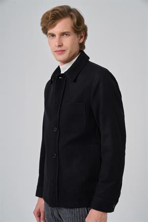 Morven Erkek Siyah Yünlü Berberi Yaka Gömlek Ceket