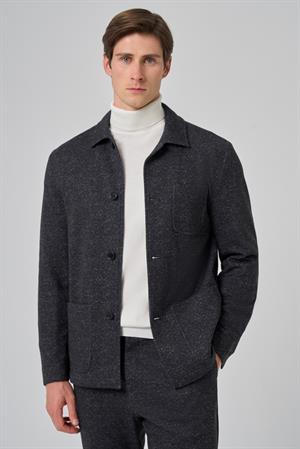 Morven Erkek Siyah Yünlü Berberi Yaka Torba Cepli Gömlek