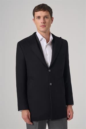 Morven Erkek Siyah Yünlü Düz Dynamic Fit Sivri Yaka Kaban