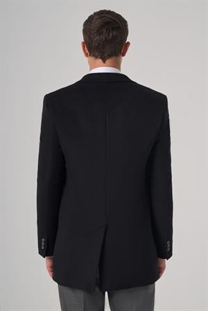 Morven Erkek Siyah Yünlü Düz Dynamic Fit Sivri Yaka Kaban