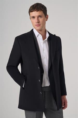 Morven Erkek Siyah Yünlü Düz Dynamic Fit Sivri Yaka Kaban