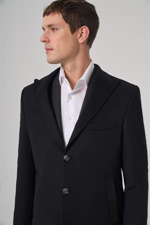 Morven Erkek Siyah Yünlü Düz Dynamic Fit Sivri Yaka Kaban