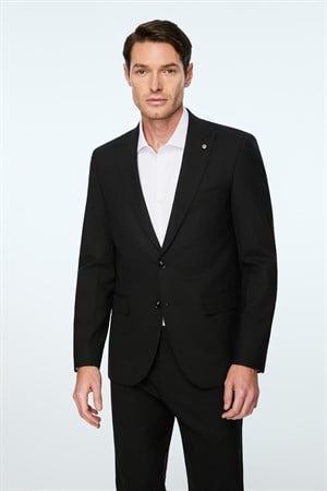 Morven Erkek Siyah Yünlü Düz Slim Fit Sivri Yaka Takım Elbise