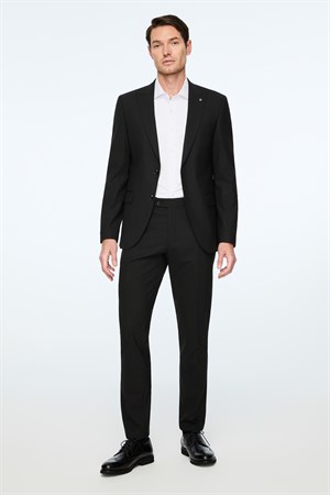 Morven Erkek Siyah Yünlü Düz Slim Fit Sivri Yaka Takım Elbise