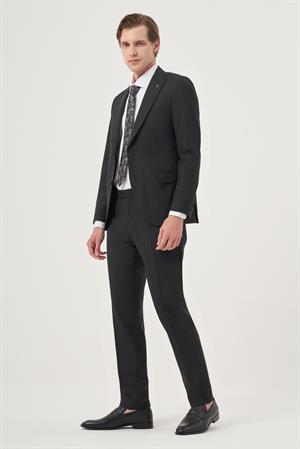 Morven Erkek Siyah Yünlü Platinium Classic Çizgili Slim Fit Sivri Yaka Takım Elbise