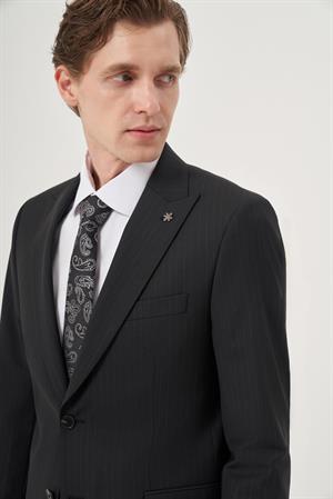 Morven Erkek Siyah Yünlü Platinium Classic Çizgili Slim Fit Sivri Yaka Takım Elbise