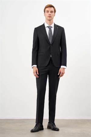 Morven Erkek Siyah Yünlü Platinium Düz Desen Slim Fit Mono Yaka Takım Elbise