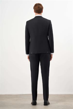Morven Erkek Siyah Yünlü Platinium Düz Desen Slim Fit Mono Yaka Takım Elbise