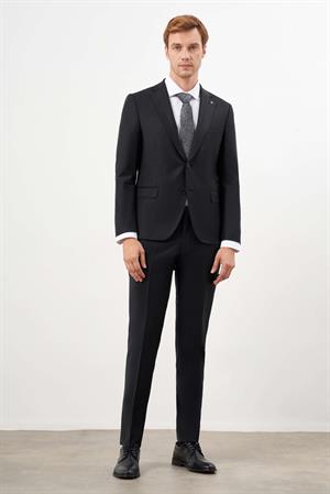 Morven Erkek Siyah Yünlü Platinium Düz Desen Slim Fit Mono Yaka Takım Elbise
