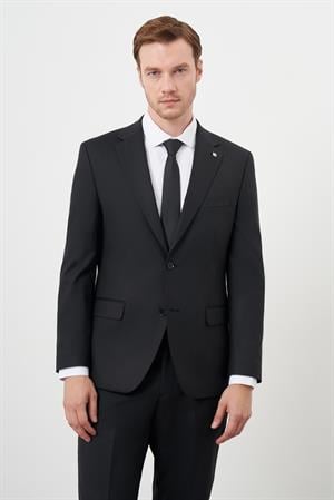 Morven Erkek Siyah Yünlü Platinium Düz Desen Dynamic Fit Mono Yaka Takım Elbise