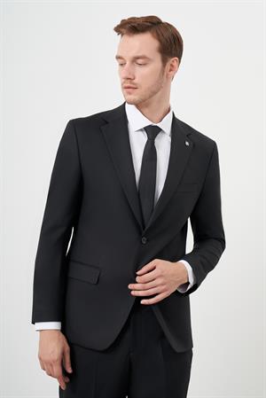 Morven Erkek Siyah Yünlü Platinium Düz Desen Dynamic Fit Mono Yaka Takım Elbise