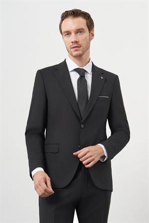 Morven Erkek Siyah Yünlü Slim Fit Mono Yaka Takım Elbise