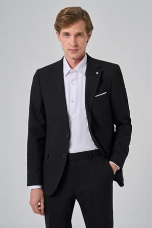 Morven Erkek Siyah Yünlü Slim Fit Mono Yaka Takım Elbise