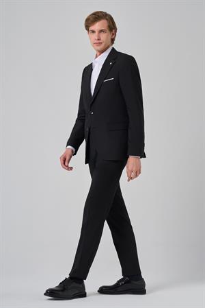 Morven Erkek Siyah Yünlü Slim Fit Mono Yaka Takım Elbise
