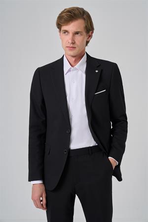 Morven Erkek Siyah Yünlü Slim Fit Mono Yaka Takım Elbise