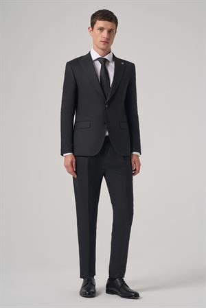 Morven Erkek Siyah Yünlü Trend Çizgili Slim Fit Sivri Yaka Takım Elbise