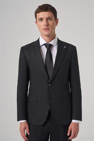 Morven Erkek Siyah Yünlü Trend Çizgili Slim Fit Sivri Yaka Takım Elbise