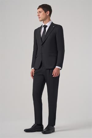 Morven Erkek Siyah Yünlü Trend Çizgili Slim Fit Sivri Yaka Takım Elbise