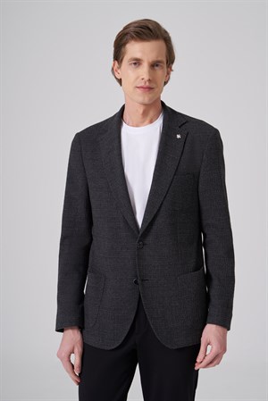 Morven Erkek Siyah Yünlü Trend Desenli Slim Fit Mono Yaka Ceket