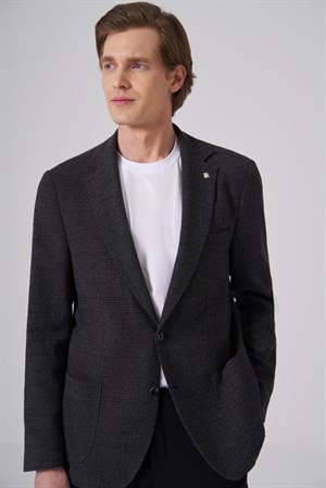 Morven Erkek Siyah Yünlü Trend Desenli Slim Fit Mono Yaka Ceket