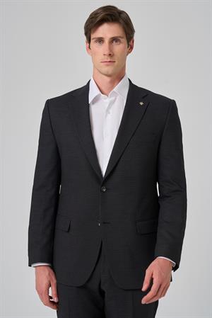 Morven Erkek Siyah Yünlü Trend Desenli Dynamic Fit Mono Yaka Takım Elbise