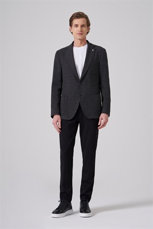 Morven Erkek Siyah Yünlü Trend Desenli Slim Fit Mono Yaka Ceket