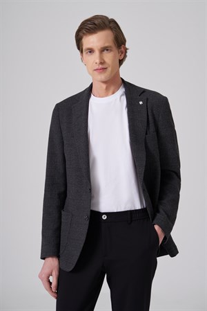 Morven Erkek Siyah Yünlü Trend Desenli Slim Fit Mono Yaka Ceket