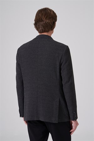 Morven Erkek Siyah Yünlü Trend Desenli Slim Fit Mono Yaka Ceket
