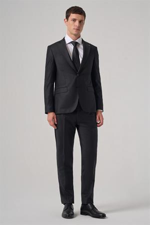 Morven Erkek Siyah Yünlü Trend Düz Slim Fit Sivri Yaka Takım Elbise