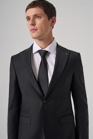 Morven Erkek Siyah Yünlü Trend Düz Slim Fit Sivri Yaka Takım Elbise