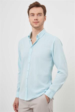 Morven Erkek Su Yeşili Keten Düz Desen Düğmeli Yaka Slim Fit Gömlek