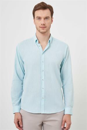 Morven Erkek Su Yeşili Keten Düz Desen Düğmeli Yaka Slim Fit Gömlek