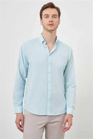 Morven Erkek Su Yeşili Keten Düz Desen Düğmeli Yaka Slim Fit Gömlek