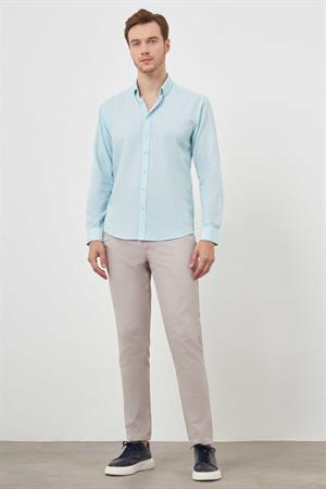 Morven Erkek Su Yeşili Keten Düz Desen Düğmeli Yaka Slim Fit Gömlek