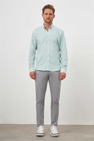 Morven Erkek Su Yeşili Pamuk Çizgili-Panolu İtalyan Yaka Regular Fit Gömlek