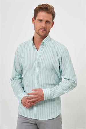 Morven Erkek Su Yeşili Pamuk Çizgili-Panolu İtalyan Yaka Regular Fit Gömlek